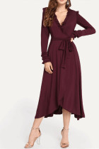 Wine Red Polyester Work Heap sleeves Long Sleeves V Neck Asymmetrical Mid-Calf stringy selvedge Solid Long S