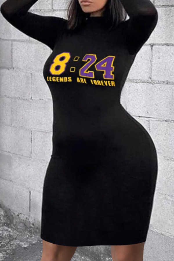 Black Sexy Print O Neck Pencil Skirt Dresses