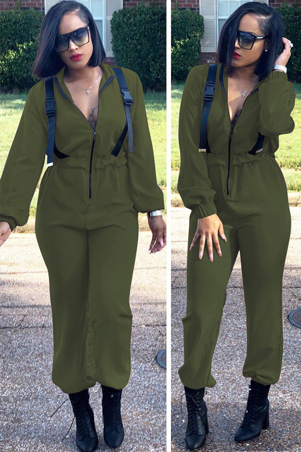 Army Green Casual Solid zipper Long Sleeve Turndown Collar Jumpsuits