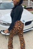 Black Casual Street Blends Print Leopard Draw String Pullovers Pants O Neck Long Sleeve Regular Sleeve Regular Two Pieces