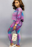 purple Cotton Sexy Two Piece Suits Print pencil Long Sleeve