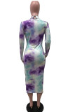 Purple and green Sexy Daily Polyester Patchwork Print Split Joint Tie-dye Half A Turtleneck Long Sleeve Mid Calf A Line Dresses