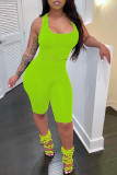 Fluorescent Green Fashion Casual Solid Basic U Neck Sleeveless Two Pieces
