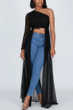Red Sexy Patchwork Mesh One Shoulder Tops