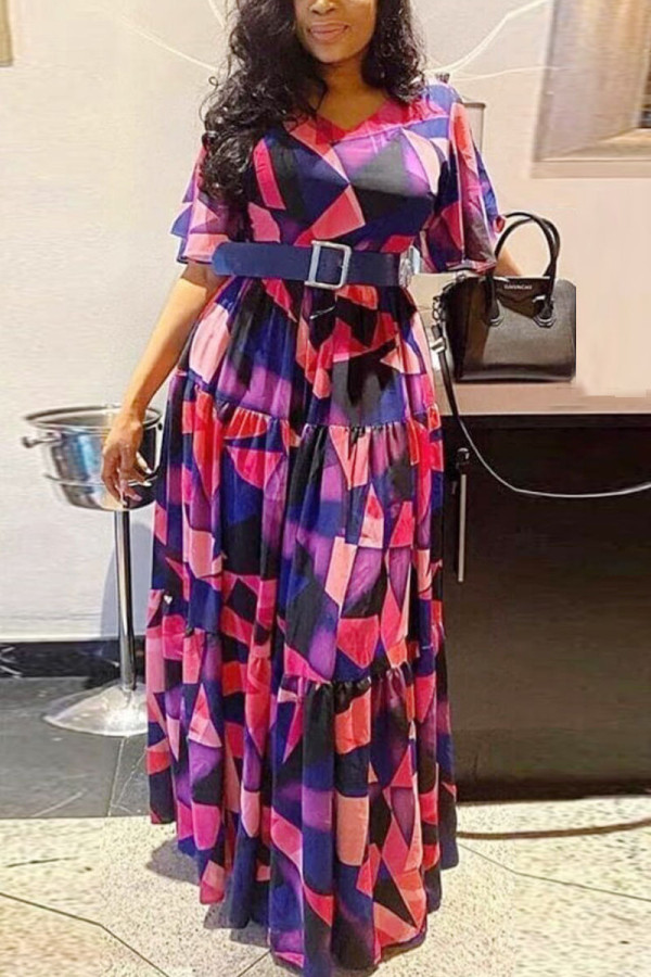 Purple Fashion Casual Plus Size Print Basic V Neck Printed Dress