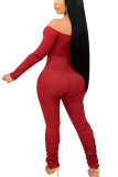 Wine Red Fashion Sexy Adult Polyester Solid Split Joint Bateau Neck Skinny Jumpsuits