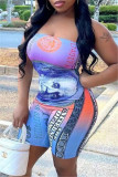 Blue Fashion Sexy Print Backless Strapless Skinny Romper