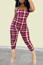 Red Sexy Casual Plaid Print Backless Strap Design Spaghetti Strap Regular Jumpsuits
