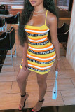 Yellow Sexy Letter Striped Print Backless Spaghetti Strap Sleeveless Dress