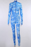 Yellow Sexy Polyester Spandex Print Split Joint Tie-dye O Neck Skinny Jumpsuits