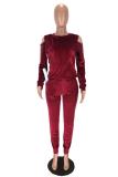 Maroon Polyester adult Casual Fashion Solid Two Piece Suits Patchwork diamonds pencil Long Sleeve Two-piec
