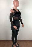 Black Sexy Mesh Patchwork Solid velvet Long Sleeve O Neck