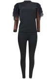 Black Fashion Casual Adult Solid Patchwork See-through O Neck Long Sleeve Hubble-Bubble Sleeve Regular Two Pieces