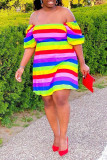 Rainbow color Lightly cooked Bubble sleeves Short Sleeves One word collar Ball Gown Knee-Length Striped Rainbow Dresses