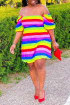 Rainbow color Polyester Lightly cooked Bubble sleeves Short Sleeves One word collar Ball Gown Knee-Length Striped Rainbow Dresses