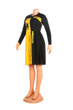 Yellow Casual Print Letter O Neck Pleated Dresses