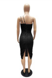 Blue Fashion Sexy Solid Patchwork Fold Square Collar Sling Dress