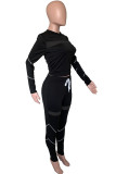 Black OL Two Piece Suits Patchwork Mesh Solid pencil Long Sleeve