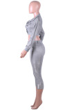 Silver Elastic Fly Long Sleeve Mid Solid Patchwork Loose Pants