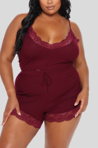 Wine Red Sexy Living Solid Split Joint Spaghetti Strap Sleeveless Two Pieces