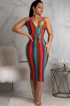 Multi-color Sexy Fashion Spaghetti Strap Sleeveless Slip Hip skirt Knee-Length Print Patchwork backless Club Dr