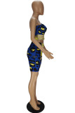 Deep Blue Fashion Sexy Print Patchwork Backless Spaghetti Strap Sleeveless Two Pieces