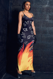 Black Sexy Fashion Spaghetti Strap Sleeveless Slip Slim Dress Ankle-Length Character Print Club Dresses
