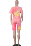 Pink venetian Fashion Casual adult Ma'am Patchwork Print Character Tie Dye Two Piece Suits pencil Short Sleeve Two Pieces