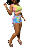 colour Fashion Active adult Ma'am Print Tie Dye Two Piece Suits Straight Short Sleeve Two Pieces