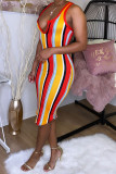 Navy Blue Polyester Fashion Sexy Red Blue Pink Yellow Wine Red Navy Blue Tank Sleeveless V Neck Hip skirt Knee-Length Striped Dresses