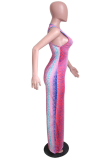 Multicolor Sexy Print Split Joint O Neck Straight Dresses