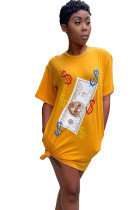 Yellow Polyester Sexy Cap Sleeve Short Sleeves O neck Step Skirt Knee-Length Print