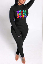 Black Casual Letter Print Split Joint O Neck Long Sleeve Two Pieces