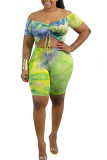 Green Fashion Sexy adult Ma'am One word collar Tie Dye Draped Two Piece Suits Draped Plus Size