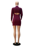 rose red Sexy Polyester Solid Hollowed Out O Neck Long Sleeve Mini Pencil Skirt Dresses