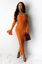 Orange Polyester Fashion Sexy adult Bell sleeve Long Sleeves one shoulder collar Step Skirt Ankle-Length Pa