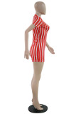 Red Fashion Sexy Print Patchwork Striped Polyester Short Sleeve Turndown Collar Rompers