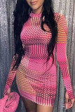 Pink Work Daily Print O Neck Pencil Skirt Dresses
