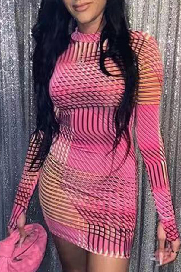 Pink Work Daily Print O Neck Pencil Skirt Dresses