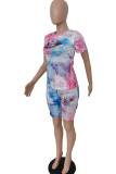 Turquoise Polyester Fashion adult England Ma'am Print Tie Dye Two Piece Suits pencil Short Sleeve Two Pieces