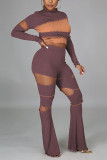 Purplish Red Sexy Geometric Hollowed Out Split Joint O Neck Long Sleeve Two Pieces