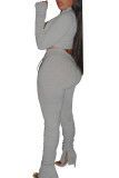 Grey Fashion Sexy adult Patchwork Solid Draped Zippered HOLLOWED OUT pencil Long Sleeve Two Pieces