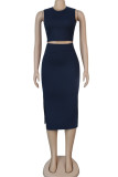 Navy Blue Polyester Fashion Casual adult Ma'am Patchwork Solid Two Piece Suits pencil Sleeveless Two Pieces