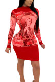 Red Polyester Sexy Europe and America Long Sleeves O neck Step Skirt Mini Print Patchwork Dresses