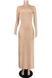 Grey Sexy Solid High Opening Slit Half A Turtleneck Pencil Skirt Dresses