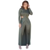 Army Green Elastic Fly Mid Hooded Out Split Skinny shorts Two-piece suit