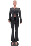 Black Polyester Elastic Fly Long Sleeve Mid Solid Loose Pants Bottoms
