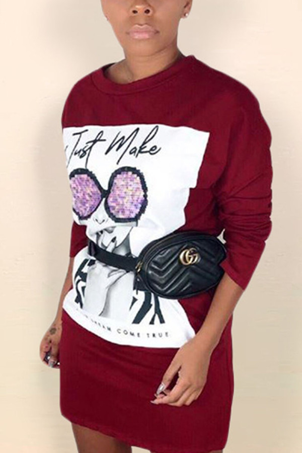 Red Casual Print O Neck Pencil Skirt Dresses