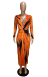 Orange Sexy Fashion Cap Sleeve Long Sleeves V Neck Step Skirt Mid-Calf Patchwork Print