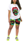 Pink Polyester Fashion Active Casual Patchwork Print Tie Dye Straight Short Sleeve Two Pieces